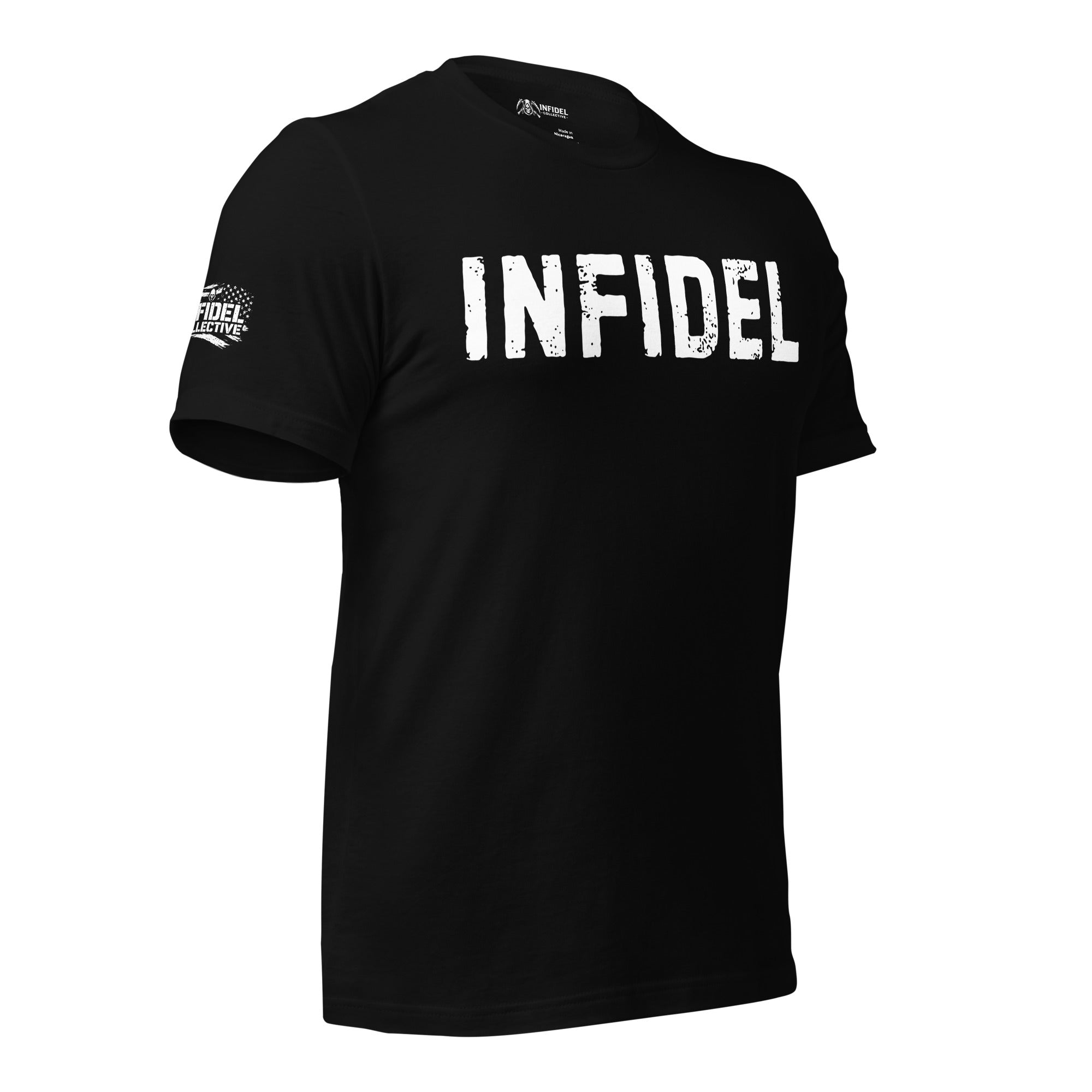 Black t-shirt with 'INFIDEL' text on a white background