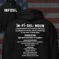 Pullover hoodie featuring the Infidel Defined graphic, back view