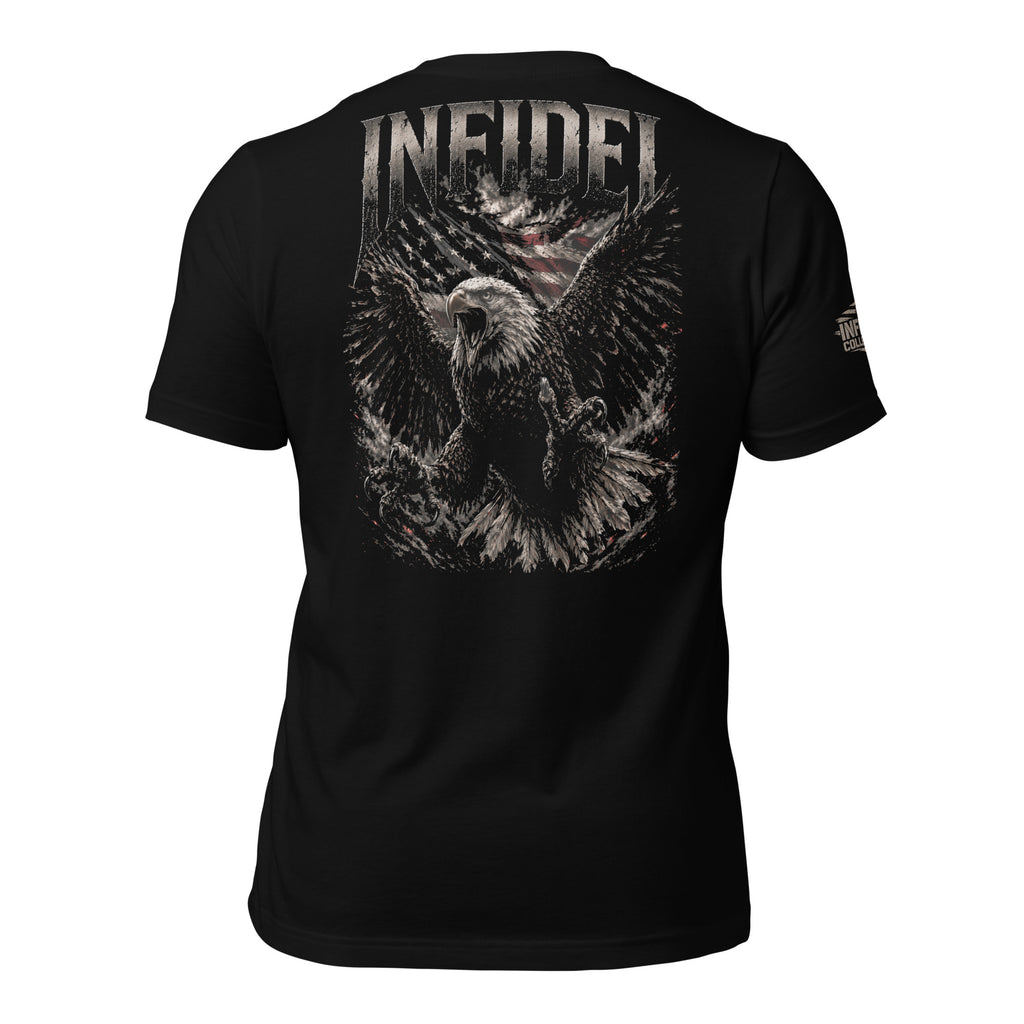 Black t-shirt with eagle design and 'Infidel' text on a white background