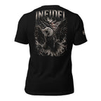 Black t-shirt with eagle design and 'Infidel' text on a white background