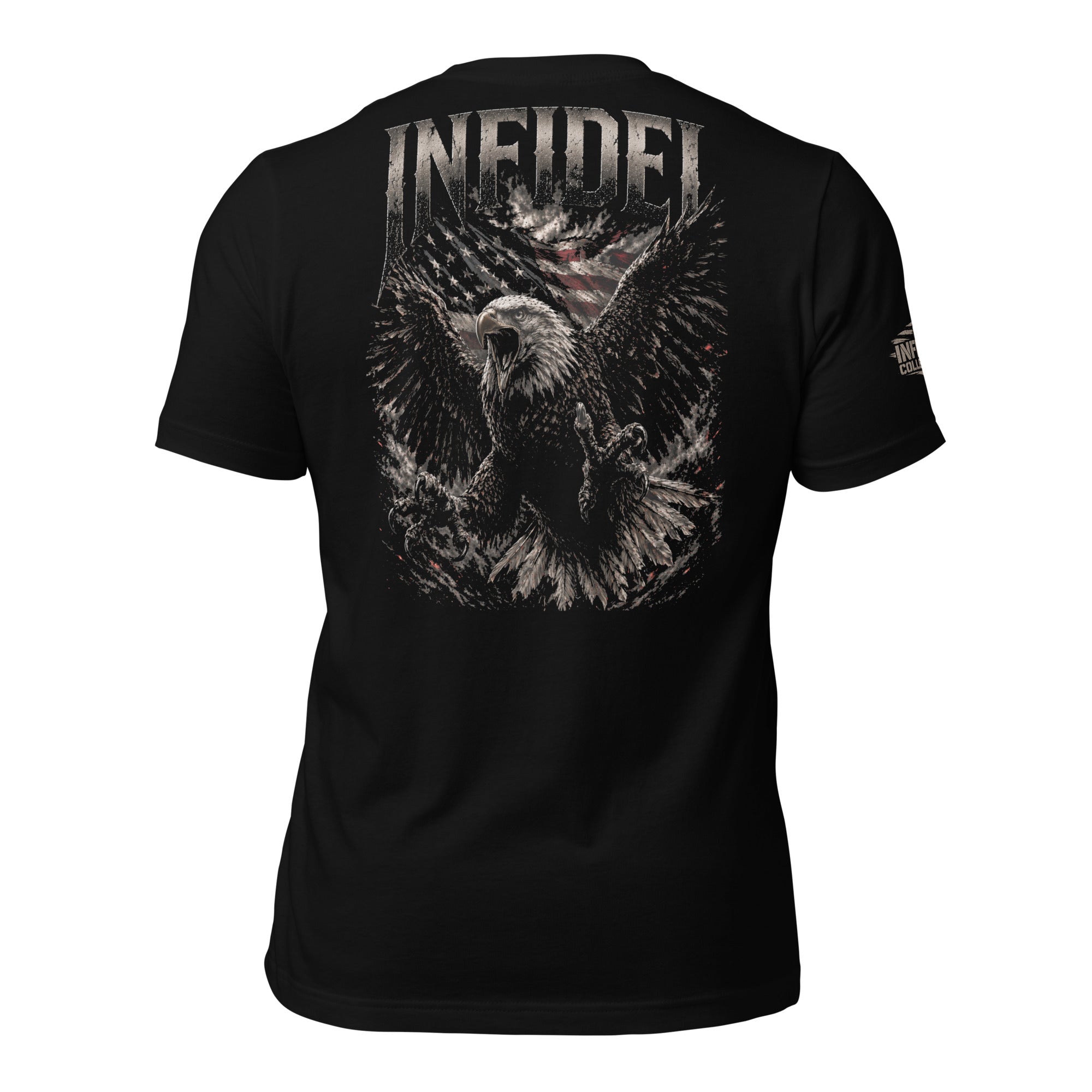 Black t-shirt with eagle design and 'Infidel' text on a white background