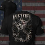 Black t-shirt with eagle design and 'INFIDEL' text on a distressed American flag background