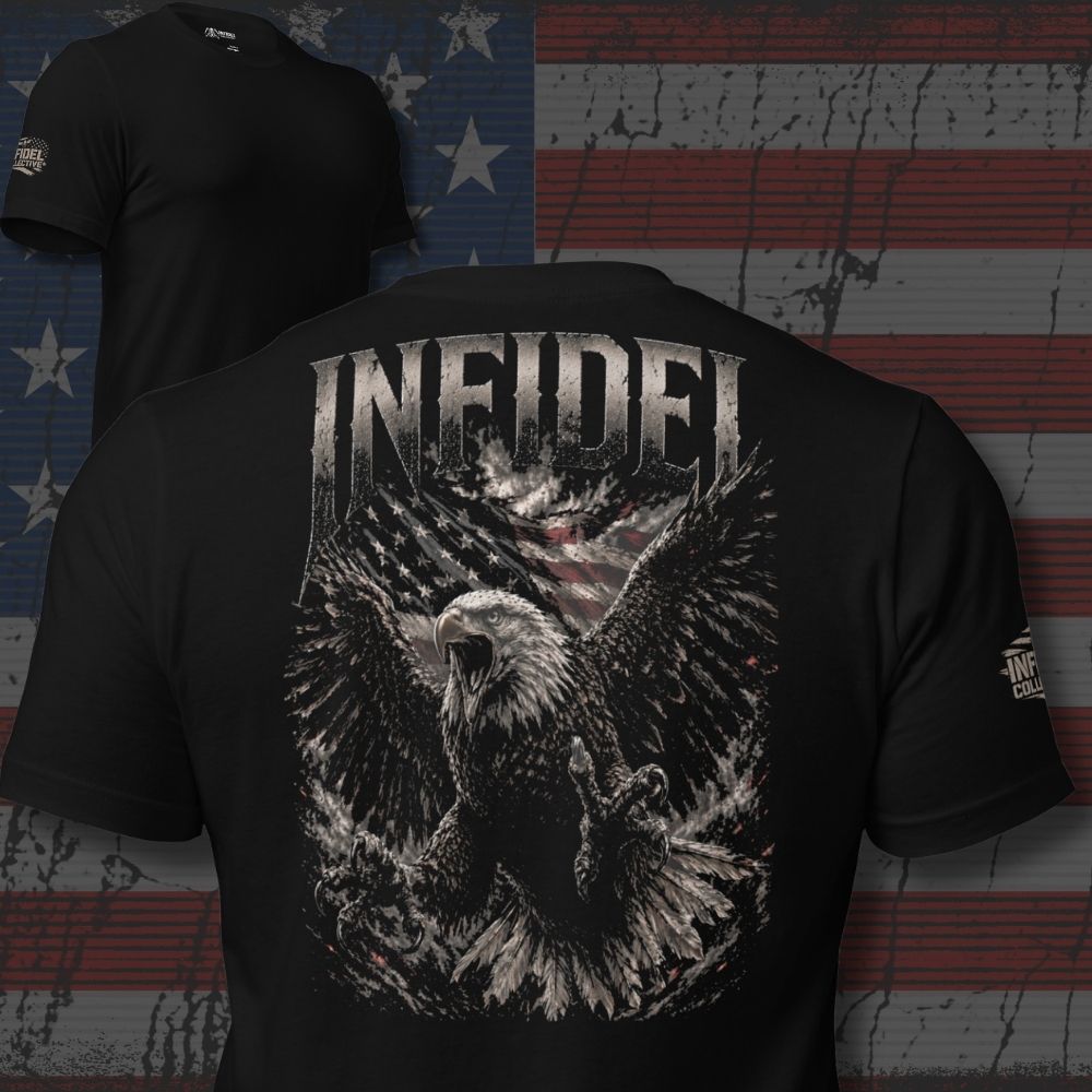 Black t-shirt with eagle design and 'INFIDEL' text on a distressed American flag background