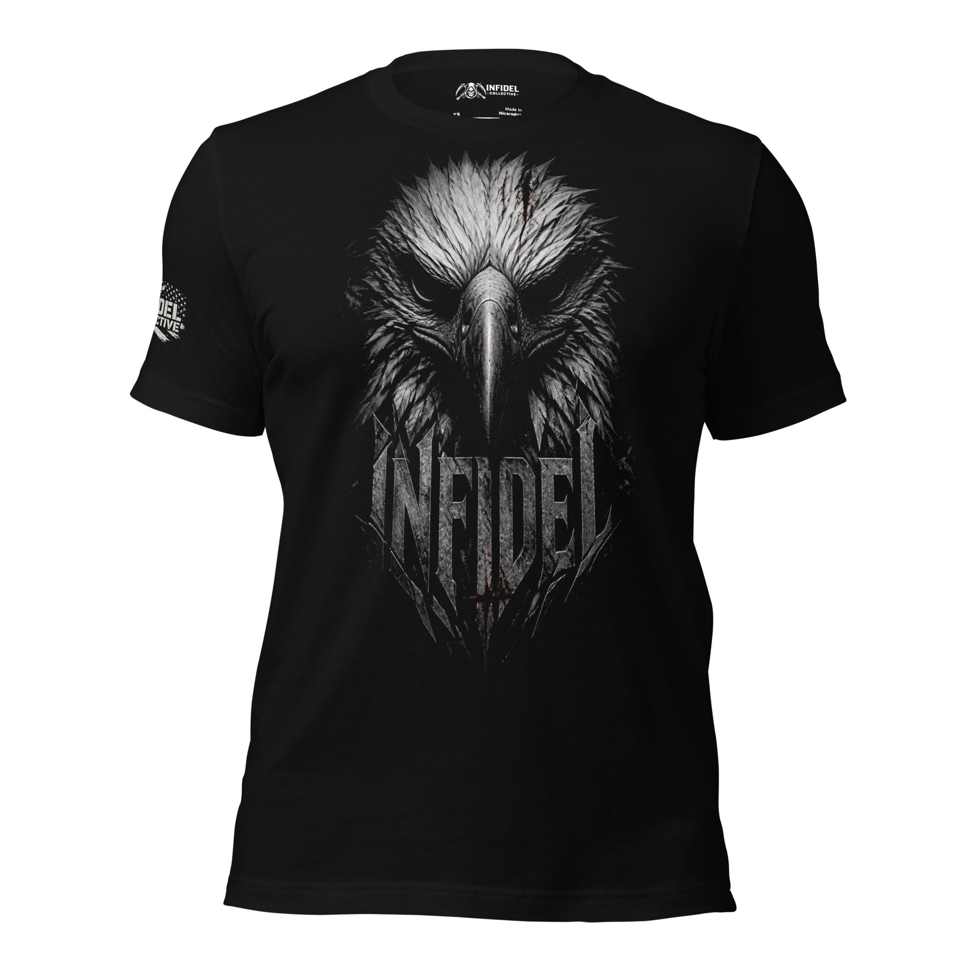 Black t-shirt with an eagle graphic and 'Infidel' text on a white background