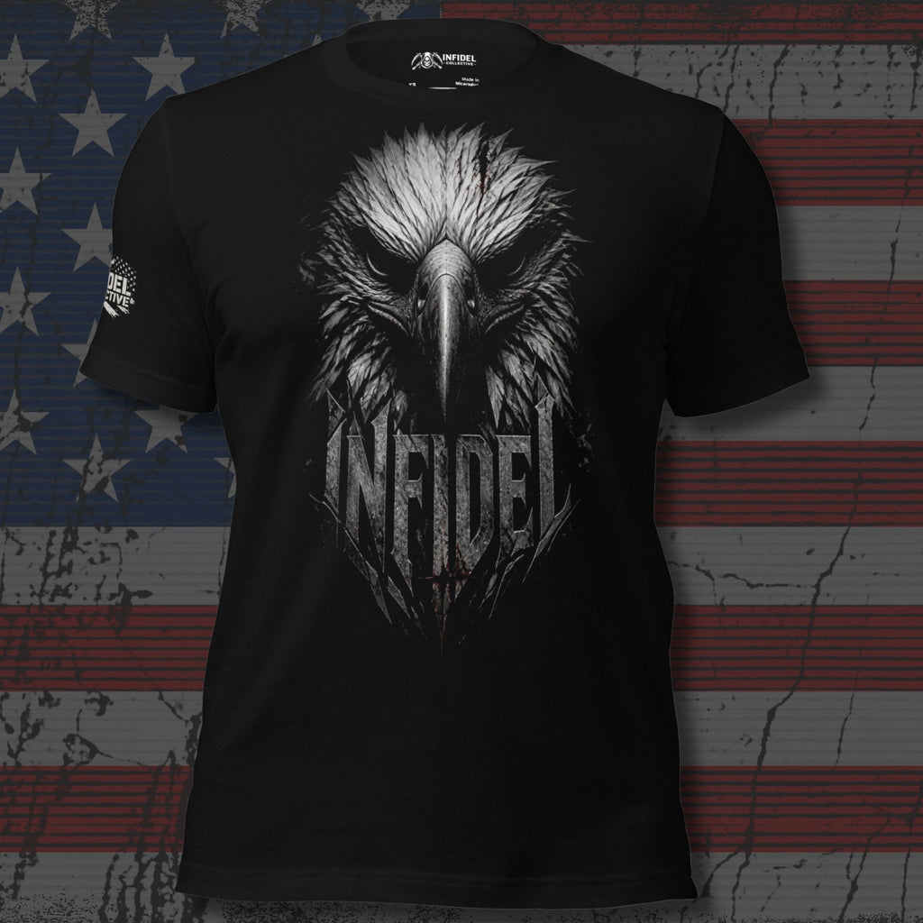 Infidel eagle head front print black tee from Infidel Collective