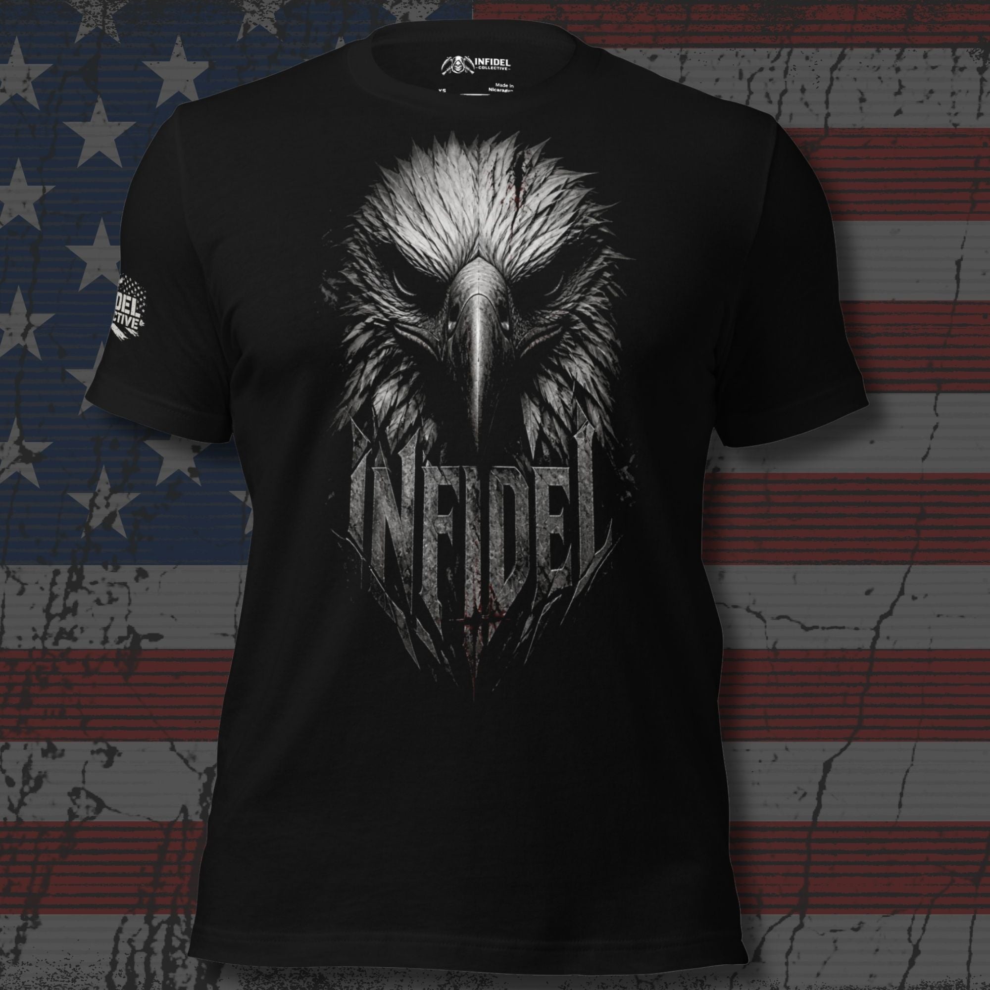 Infidel eagle head front print black tee from Infidel Collective