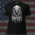 Patriotic Infidel bald eagle head with flag feathers front print black tee from Infidel Collective