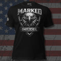 Marked Infidel bald eagle head shield front print black tee from Infidel Collective