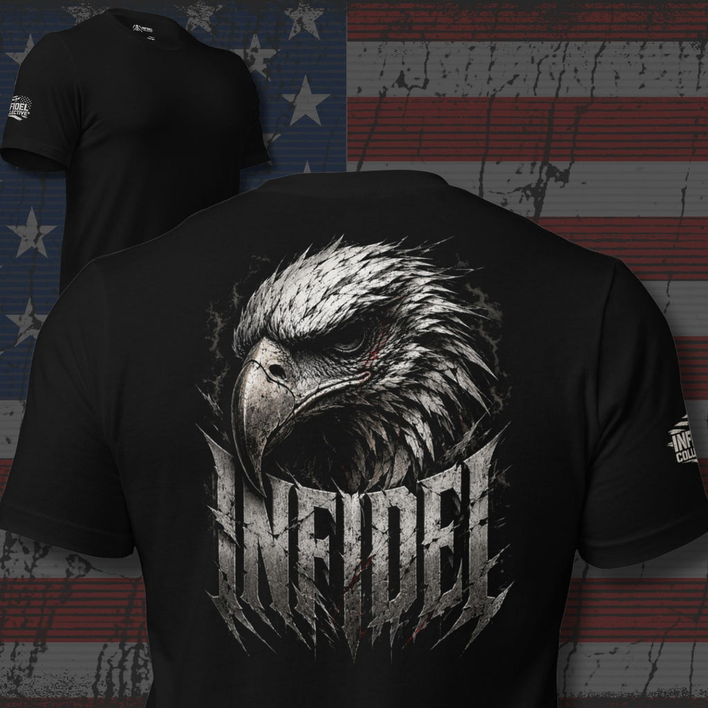 Infidel eagle head front print black tee from Infidel Collective