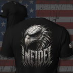 Infidel eagle head front print black tee from Infidel Collective