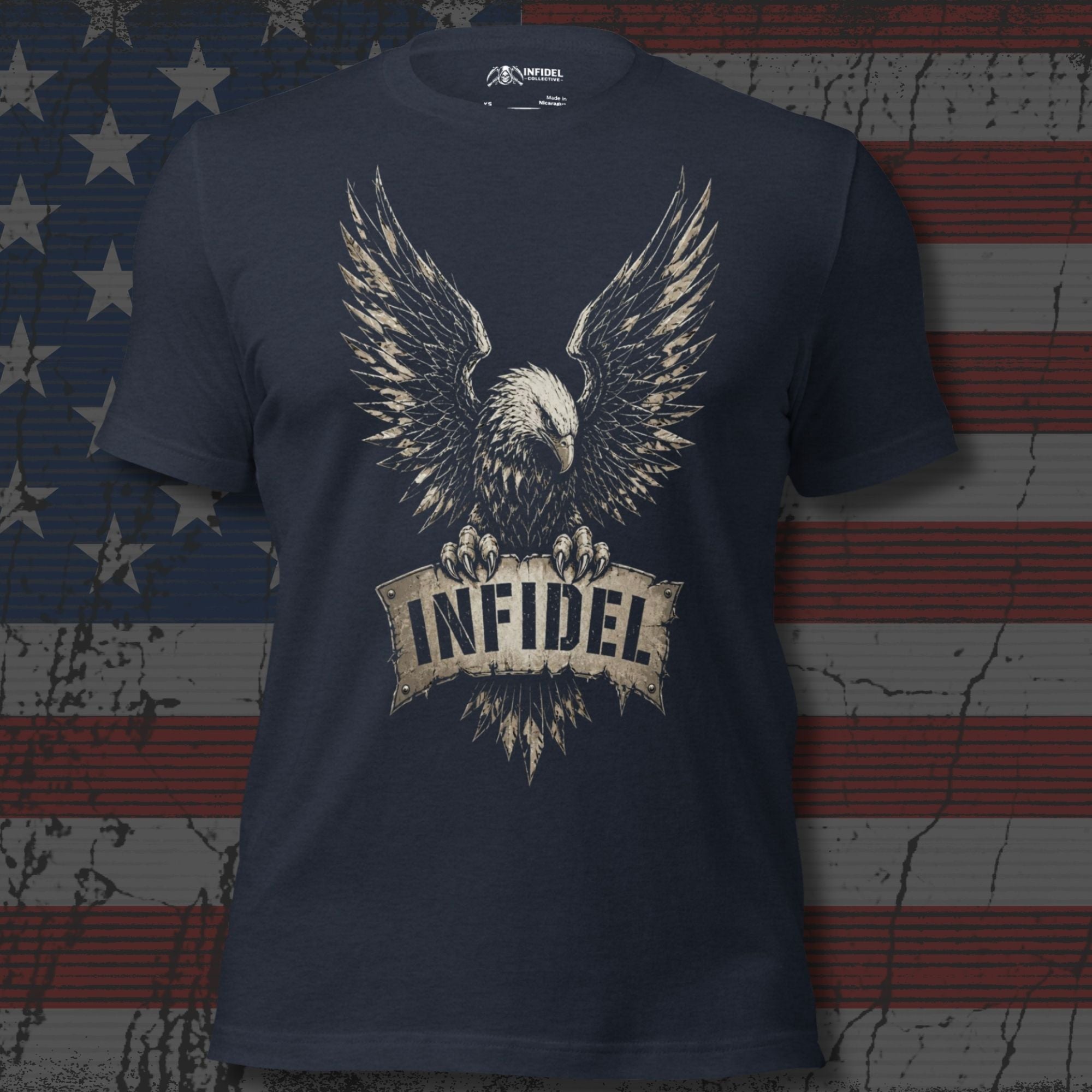 Infidel Eagle Wings graphic heather navy tee from Infidel Collective