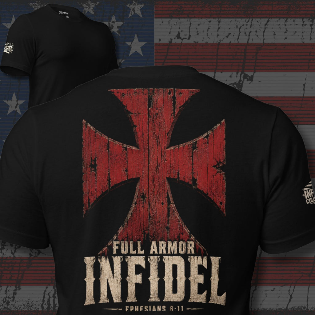 Infidel Ephesians Armor red cross graphic back print black tee from Infidel Collective