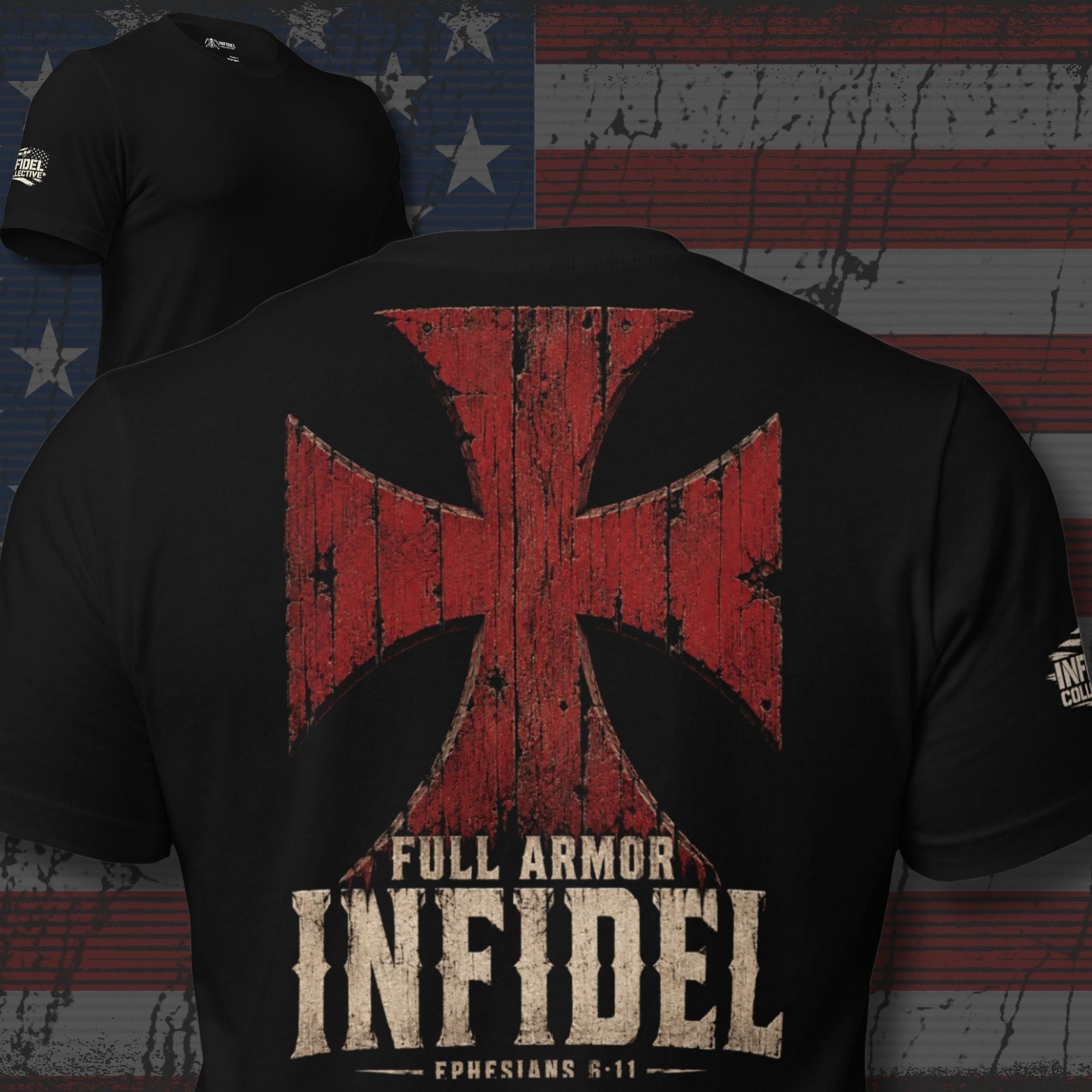 Infidel Ephesians Armor red cross graphic back print black tee from Infidel Collective