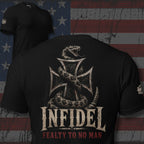 Infidel Fealty to No Man iron cross serpent back print black tee from Infidel Collective