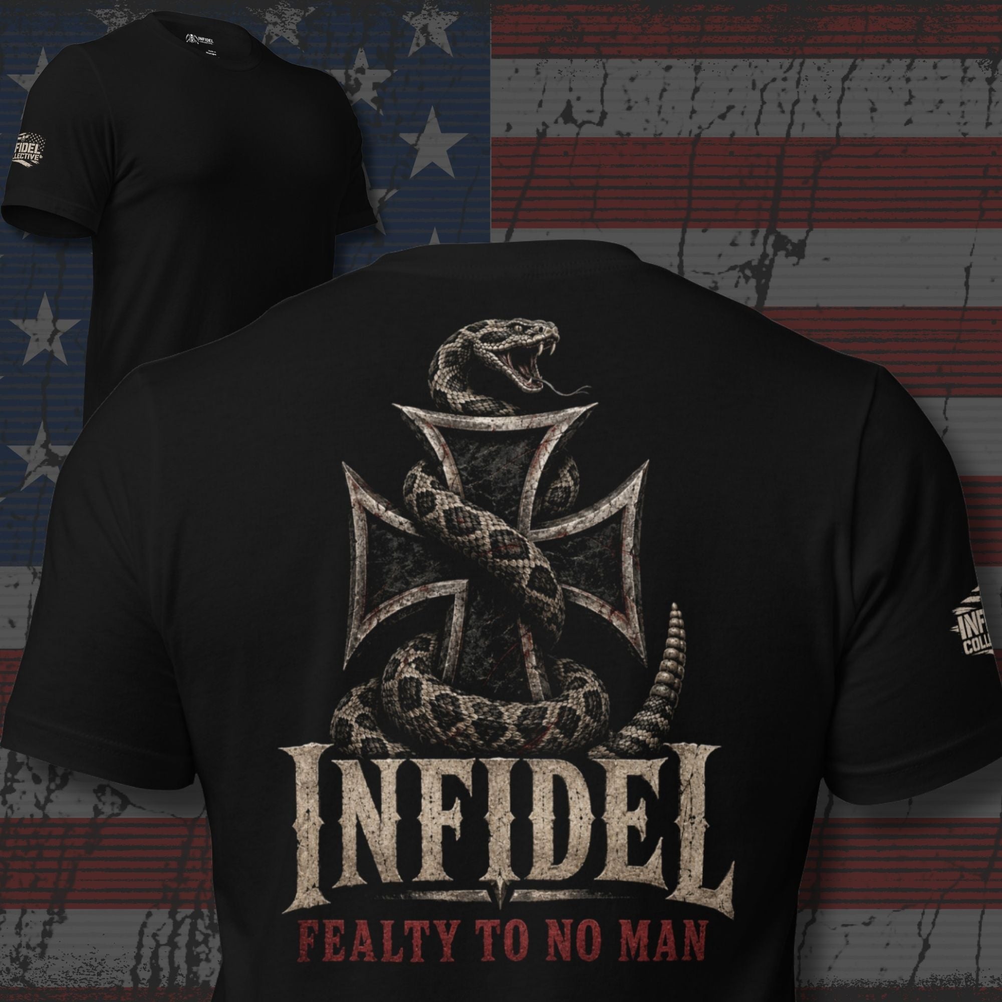 Infidel Fealty to No Man iron cross serpent back print black tee from Infidel Collective