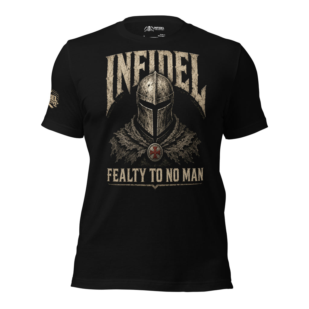 Infidel Fealty to No Man knight helmet back print black tee from Infidel Collective