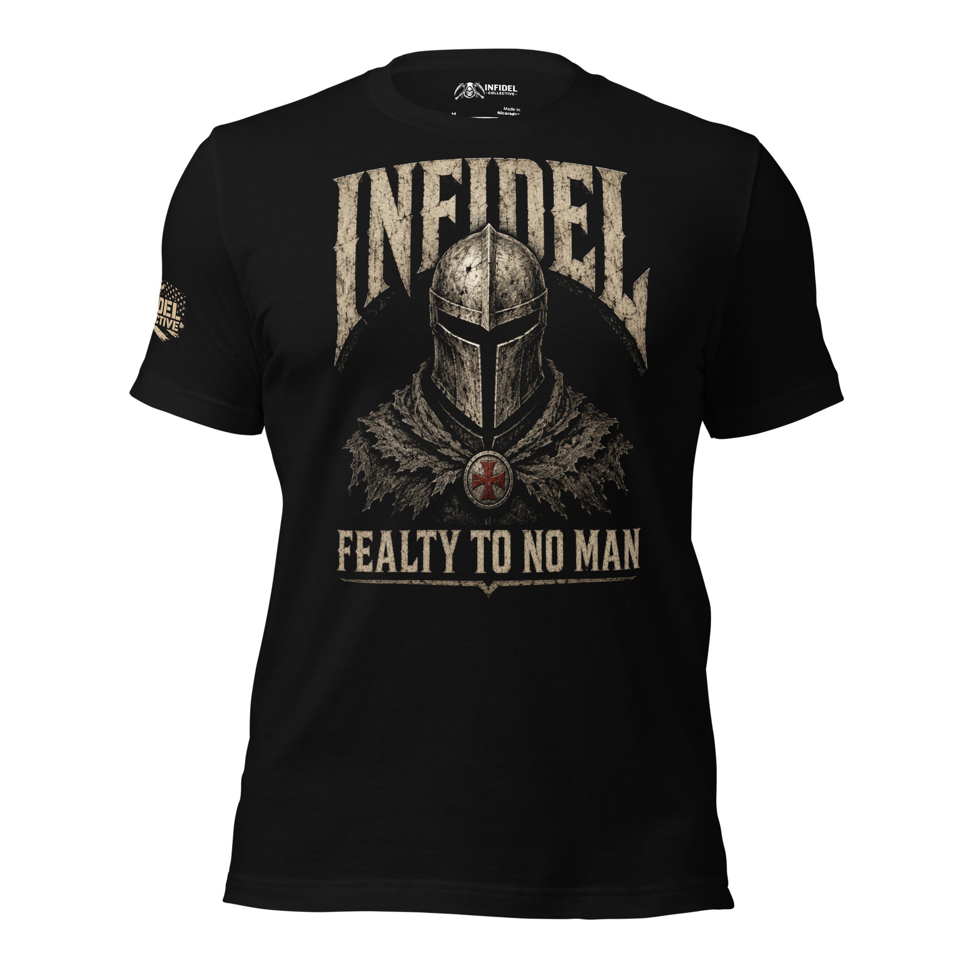 Infidel Fealty to No Man knight helmet back print black tee from Infidel Collective