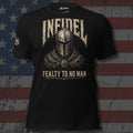 Infidel Fealty to No Man armored knight front print black tee from Infidel Collective