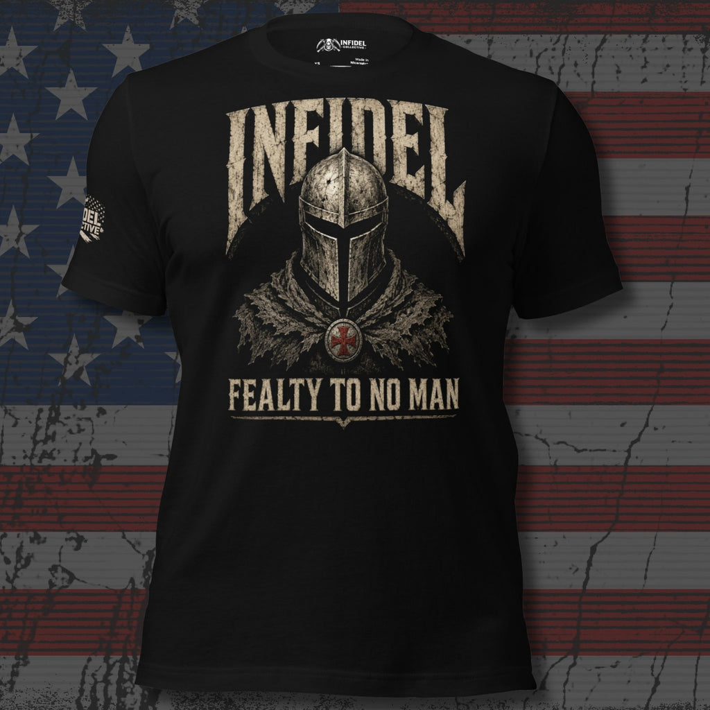 Infidel Fealty to No Man knight helmet back print black tee from Infidel Collective