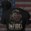 Infidel Fealty to No Man serpent ring and red cross back print black tee from Infidel Collective