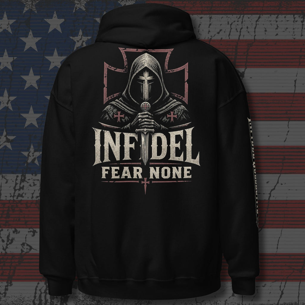 Pullover hoodie featuring the Infidel Fear None Hooded Knight graphic, back view