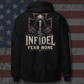 Pullover hoodie featuring the Infidel Fear None Hooded Knight graphic, back view