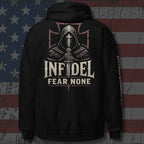 Pullover hoodie featuring the Infidel Fear None Hooded Knight graphic, back view