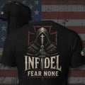Infidel Fear None hooded knight with sword back print black tee from Infidel Collective