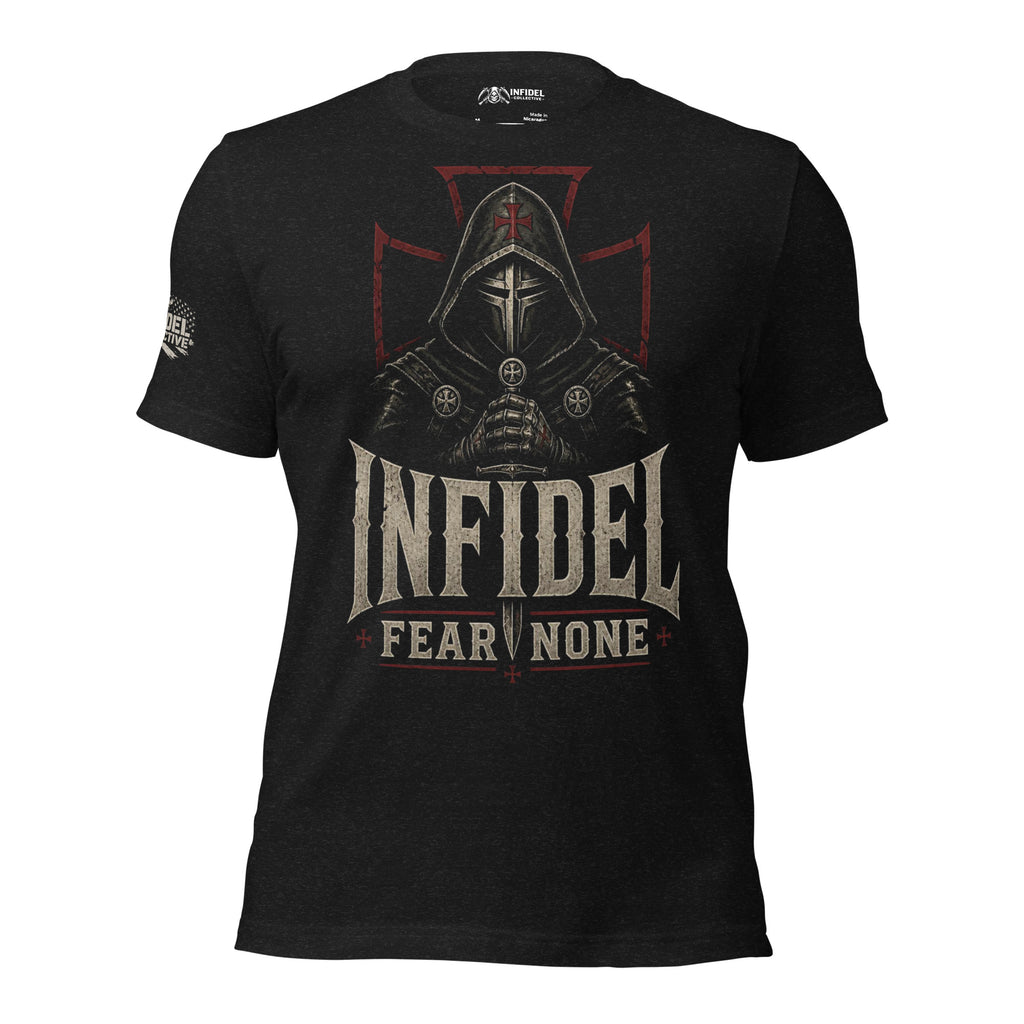 Black t-shirt with 'Infidel Fear None' design on a distressed American flag background