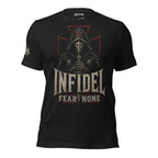 Black t-shirt with 'Infidel Fear None' design on a distressed American flag background