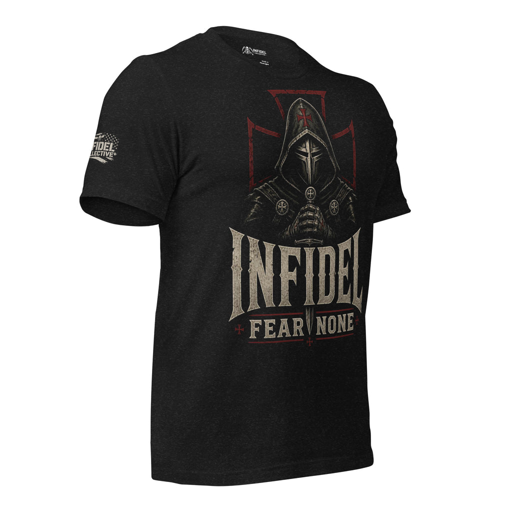 Black t-shirt with 'Infidel Fear None' design on a distressed American flag background