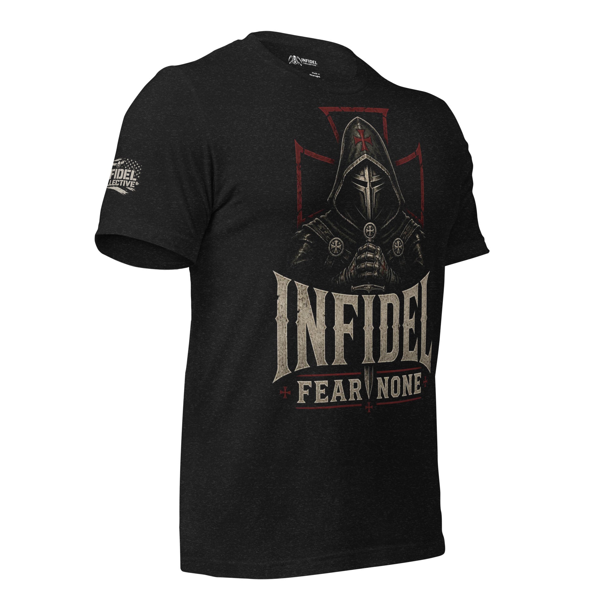 Black t-shirt with 'Infidel Fear None' design on a distressed American flag background