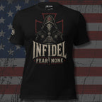 Infidel Fear None hooded knight front print black tee from Infidel Collective