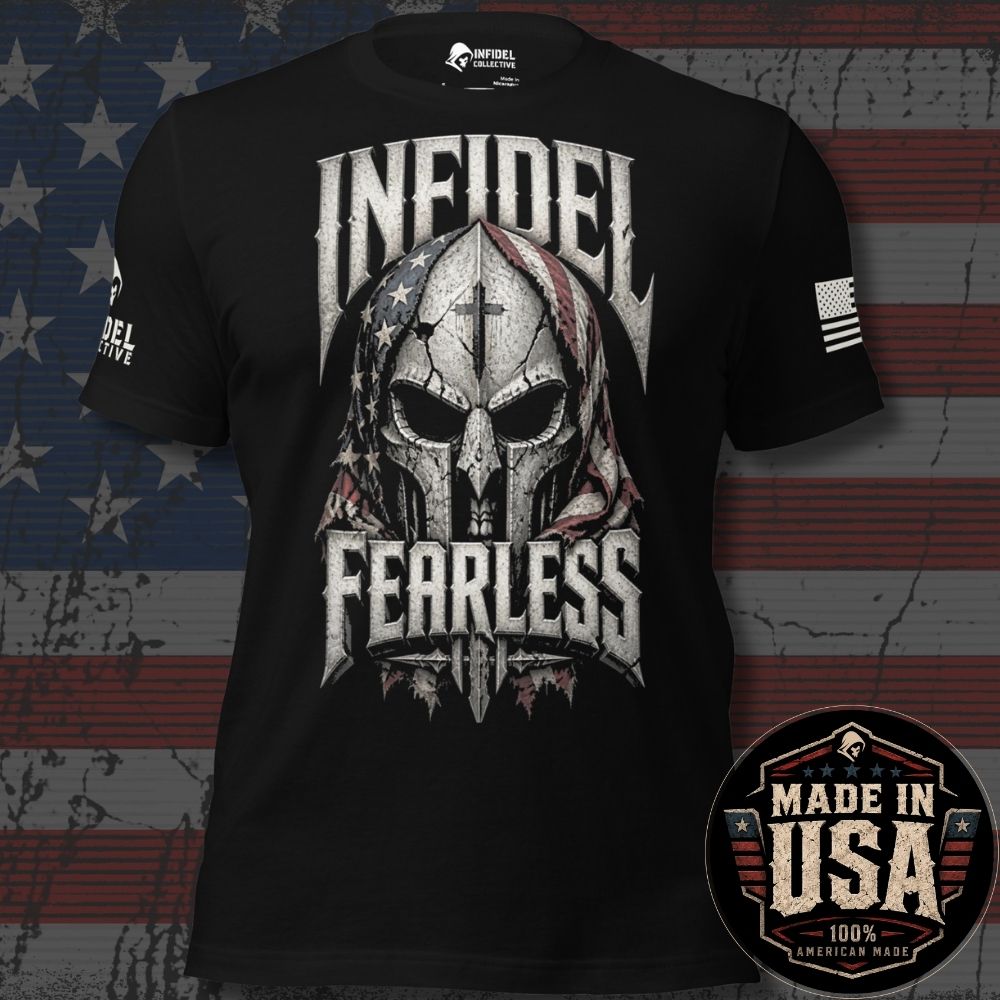 Front view of Black Infidel Fearless Crusader tee.