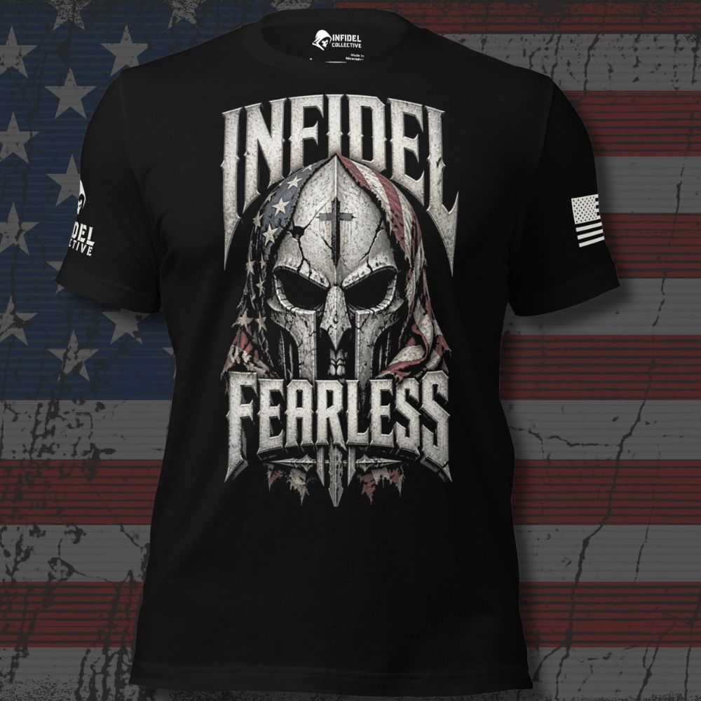 Front view of Black Infidel Fearless Crusader tee.
