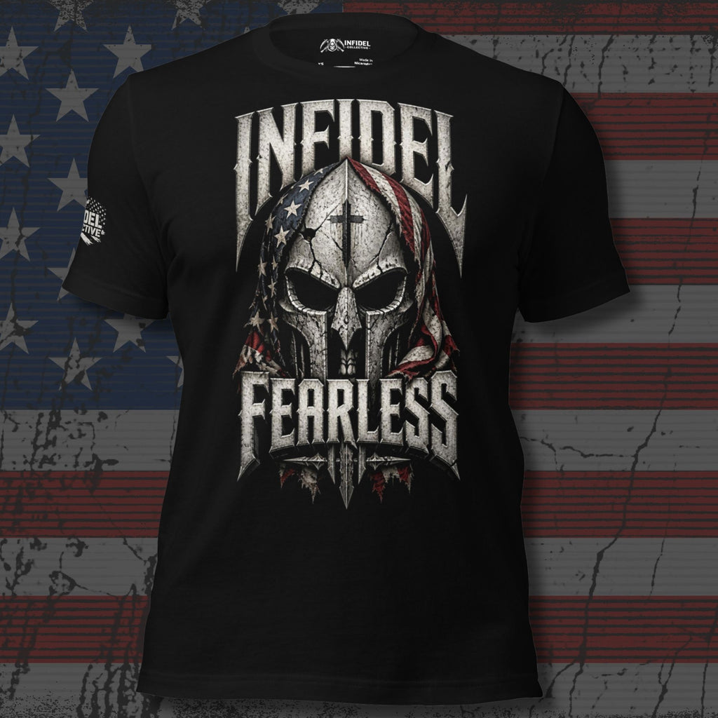 Black Infidel Fearless tee with crusader helmet graphic wrapped in an American flag front print