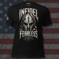 Infidel Fearless crusader skull in American flag hood front print black tee from Infidel Collective
