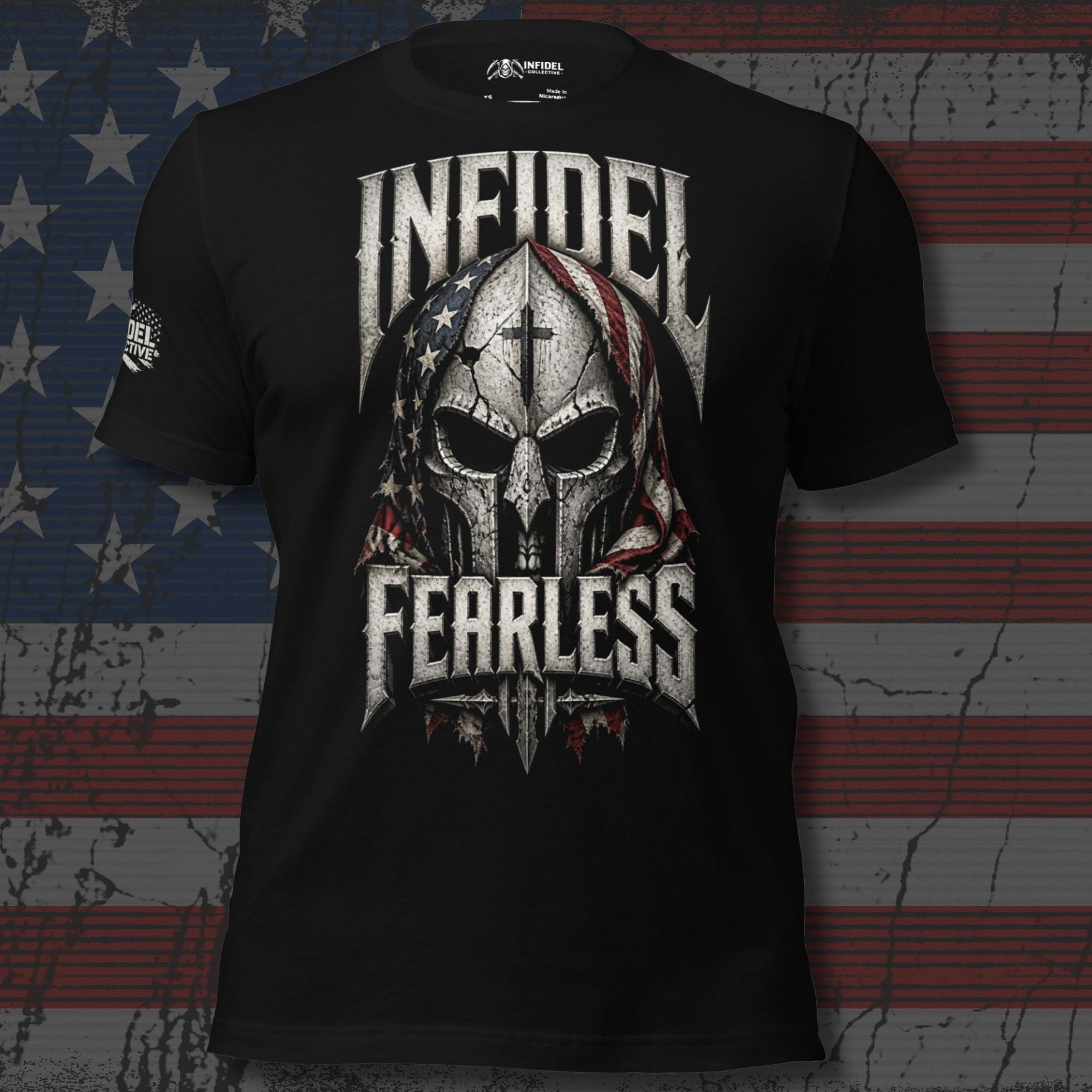 Black Infidel Fearless tee with crusader helmet graphic wrapped in an American flag front print