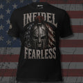 Infidel Fearless Spartan helmet with American flag crest front print black tee from Infidel Collective