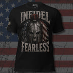 Black Infidel Fearless tee with Spartan helmet and American flag front graphic