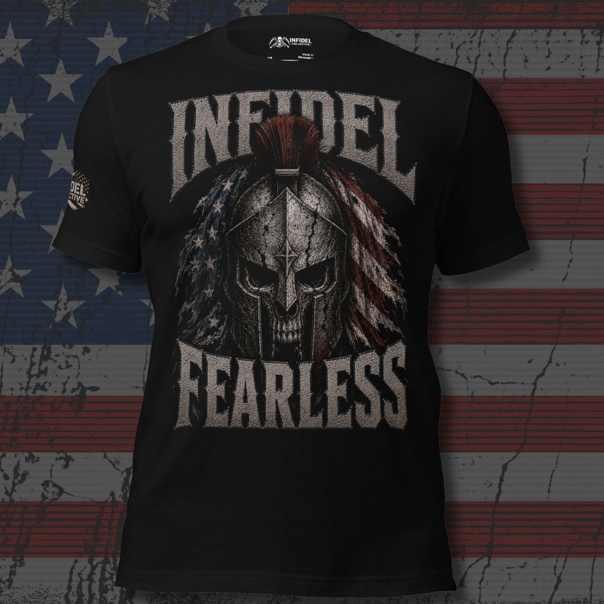 Black Infidel Fearless tee with Spartan helmet and American flag front graphic