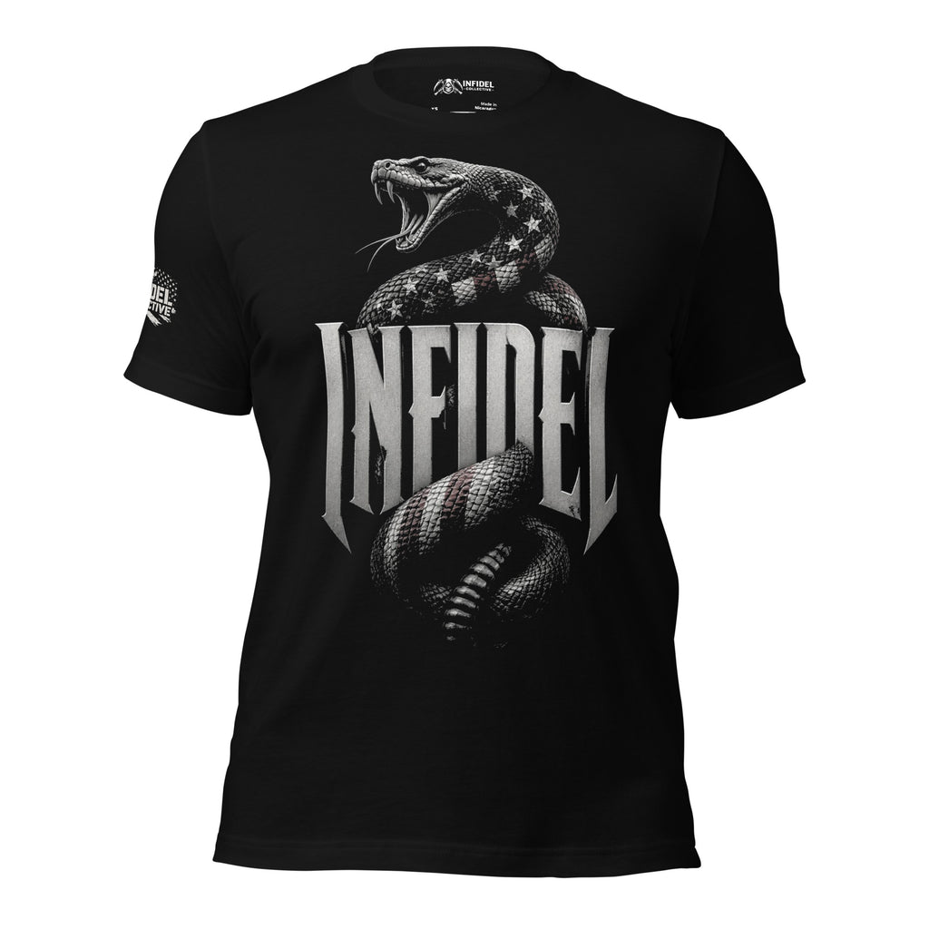Infidel Flag Serpent graphic black tee from Infidel Collective