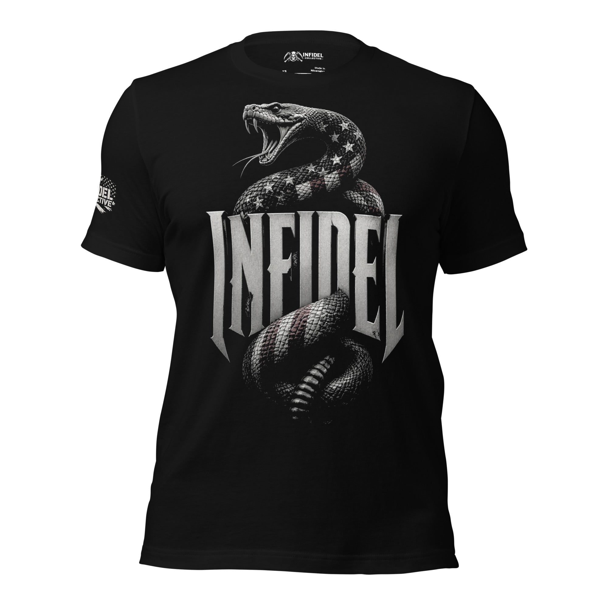 Infidel Flag Serpent graphic black tee from Infidel Collective