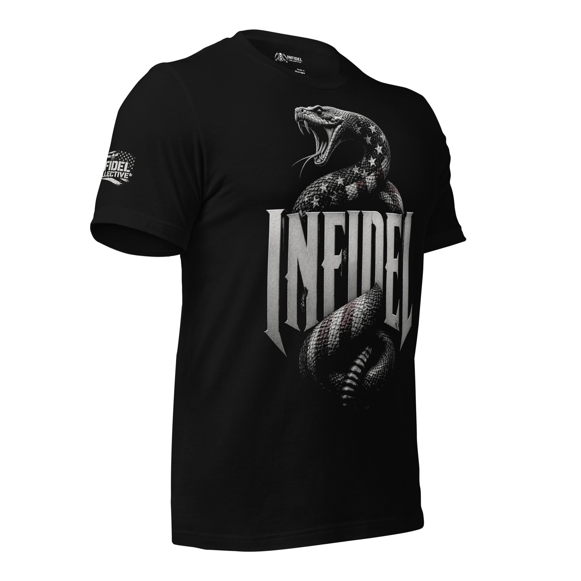 Infidel Flag Serpent graphic black tee from Infidel Collective