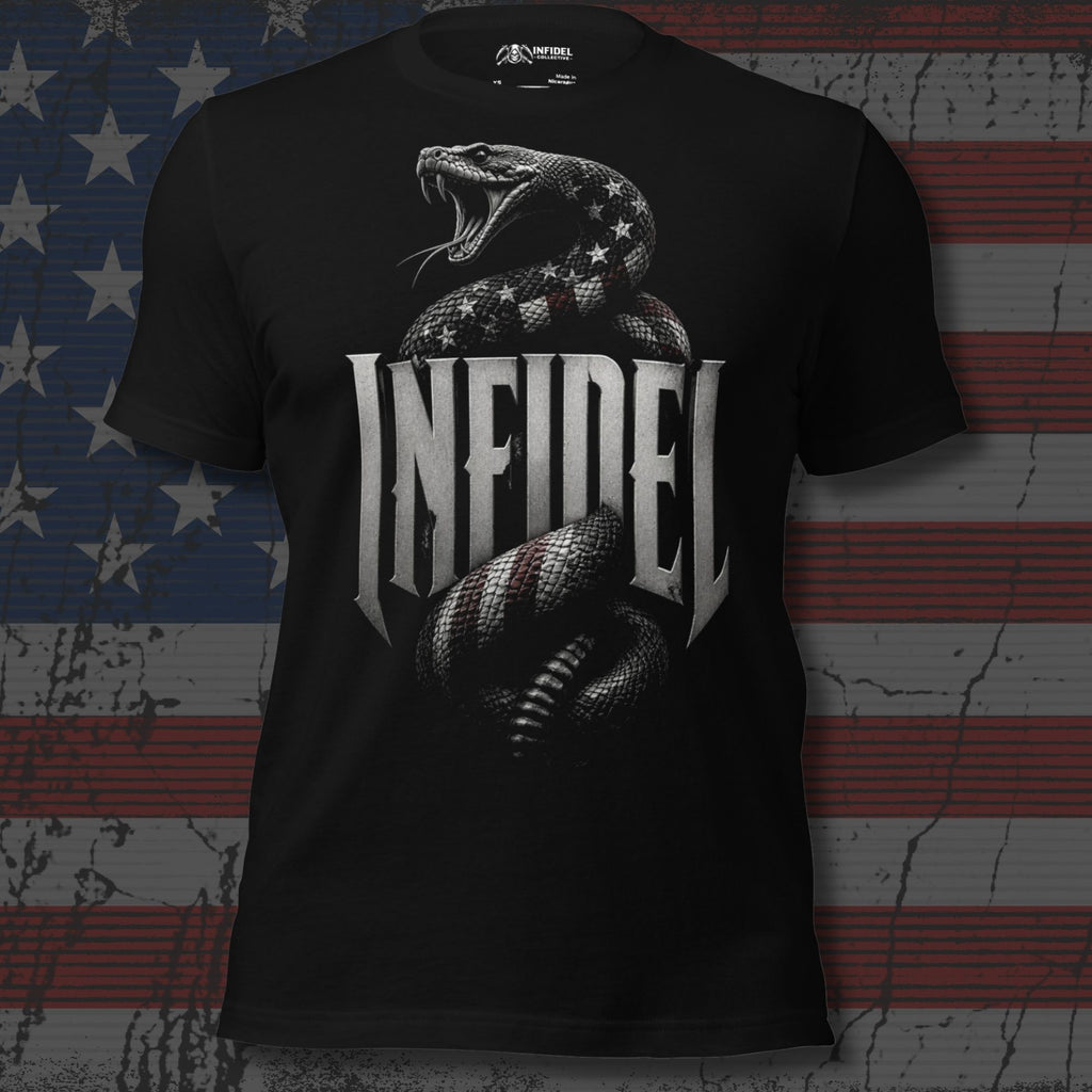 Infidel Flag Serpent graphic black tee from Infidel Collective