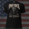Infidel Hell to Follow death mask warrior front print black tee from Infidel Collective