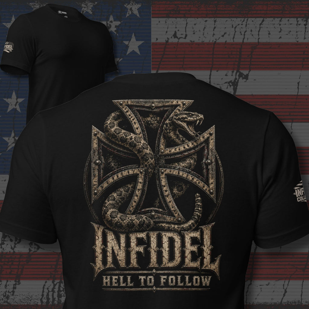 Infidel Hell to Follow hollow iron cross serpent back print black tee from Infidel Collective