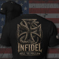 Infidel Hell to Follow serpents and hollow iron cross back print black tee from Infidel Collective
