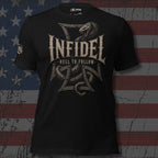 Infidel Hell to Follow iron cross rattlesnake front print black tee from Infidel Collective