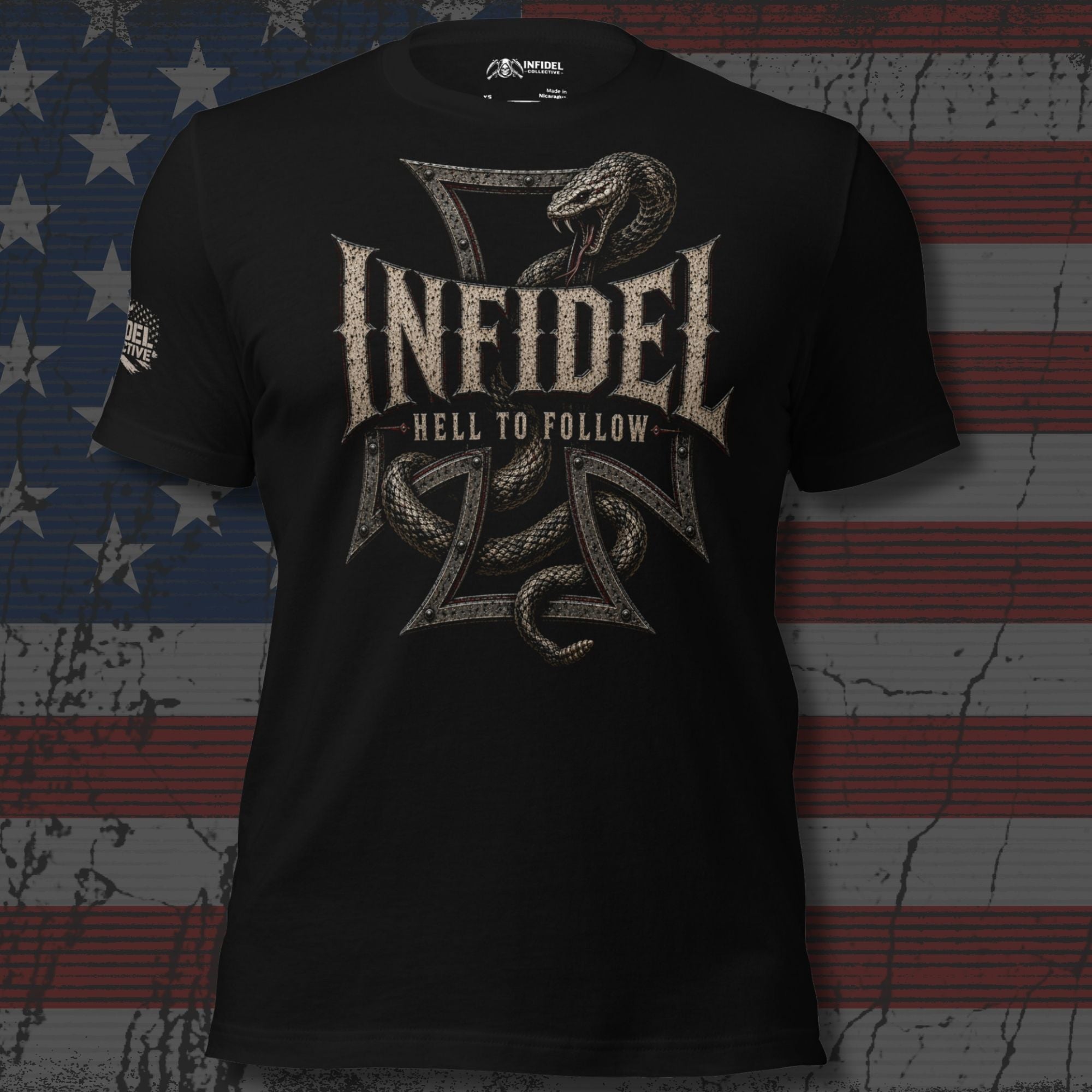 Infidel Hell to Follow iron cross rattlesnake front print black tee from Infidel Collective